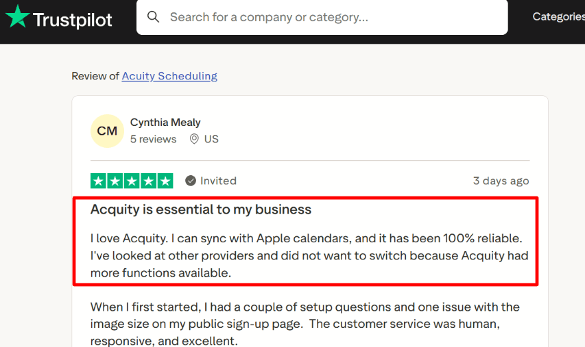 Acuity Trustpilot sync praise