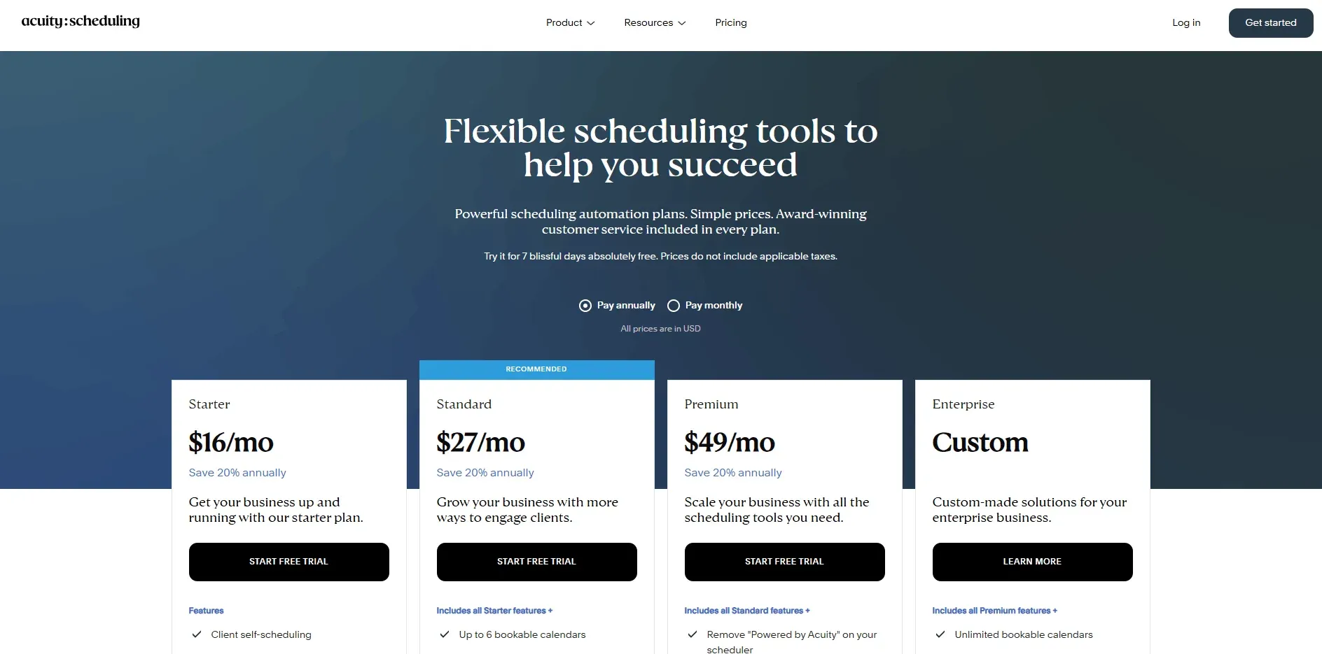 Acuity Scheduling pricing table