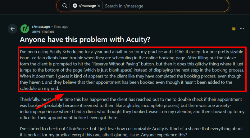 Reddit report of Acuity page jump