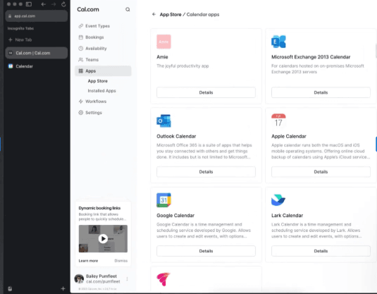 Cal.com dashboard showing calendar integration options