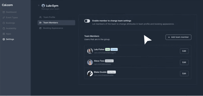 Cal.com dashboard showing team scheduling features