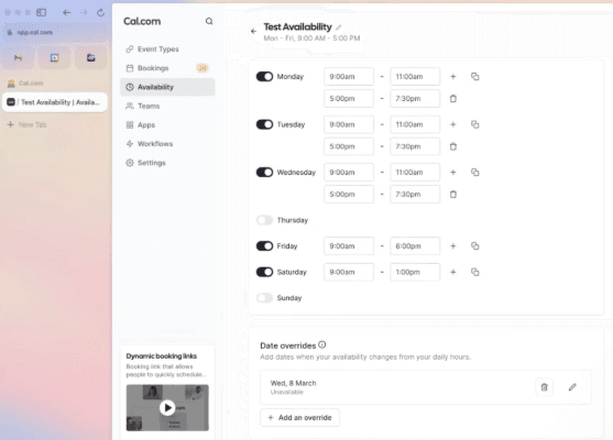 Cal.com interface showing availability set up for individual users