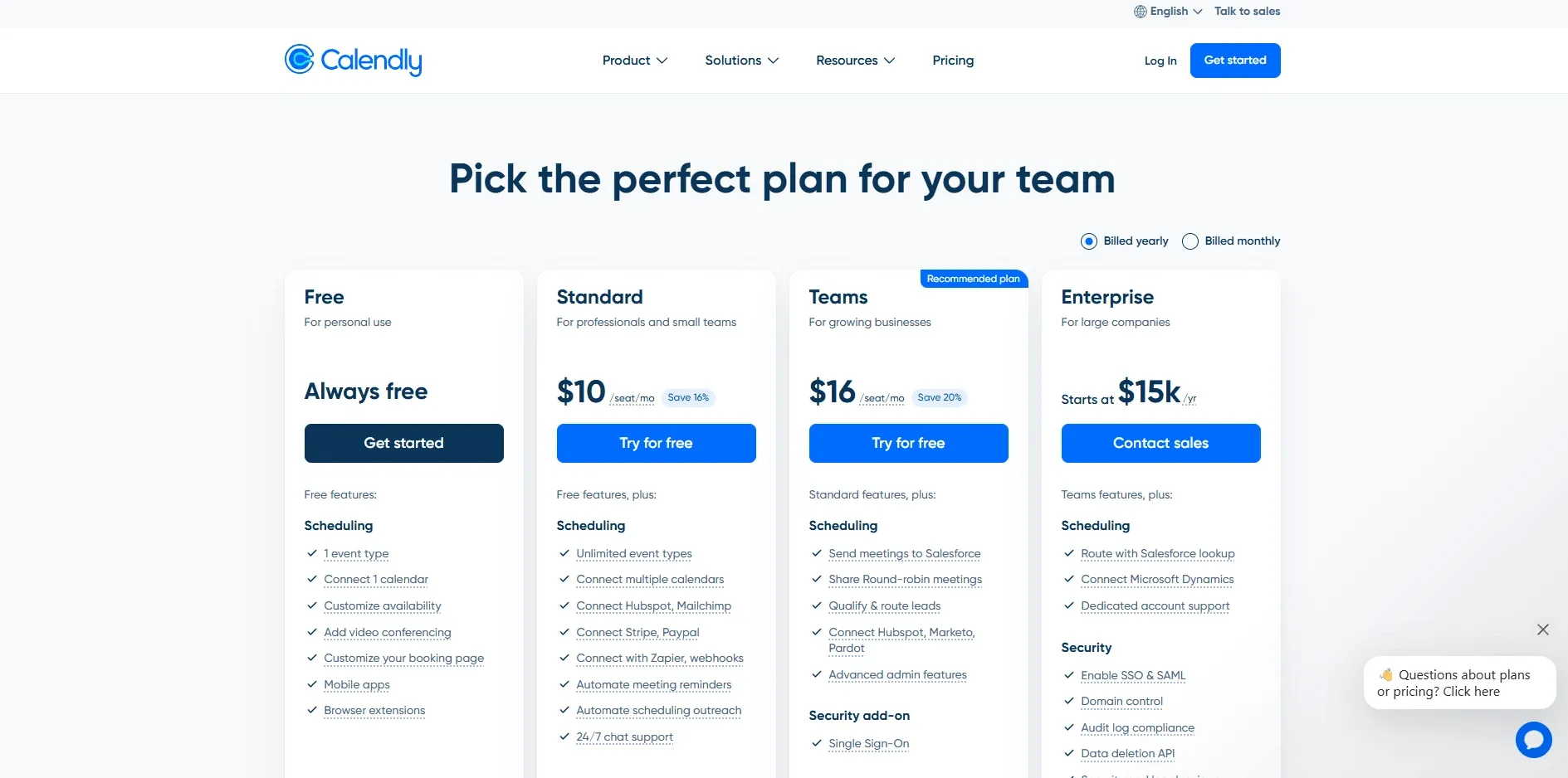 Calendly pricing plan grid