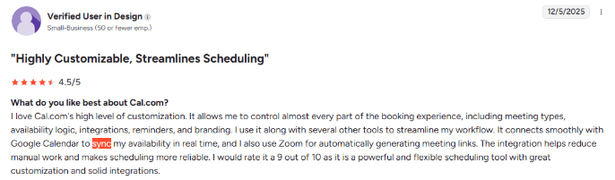 G2 review showing Cal.com syncs seamlessly with Google Calendar