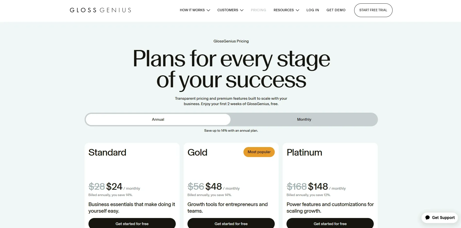 GlossGenius pricing tiers list