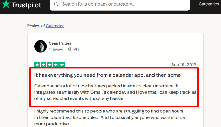 Trustpilot praise for Google Calendar UI