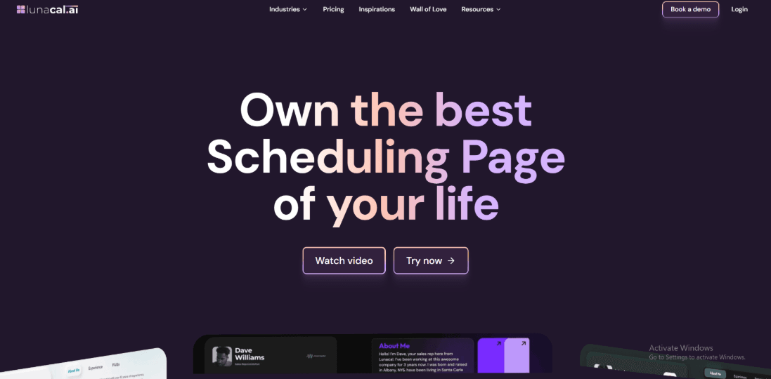 Lunacal homepage scheduling page builder view