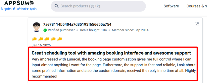 Trustpilot praise for Lunacal support