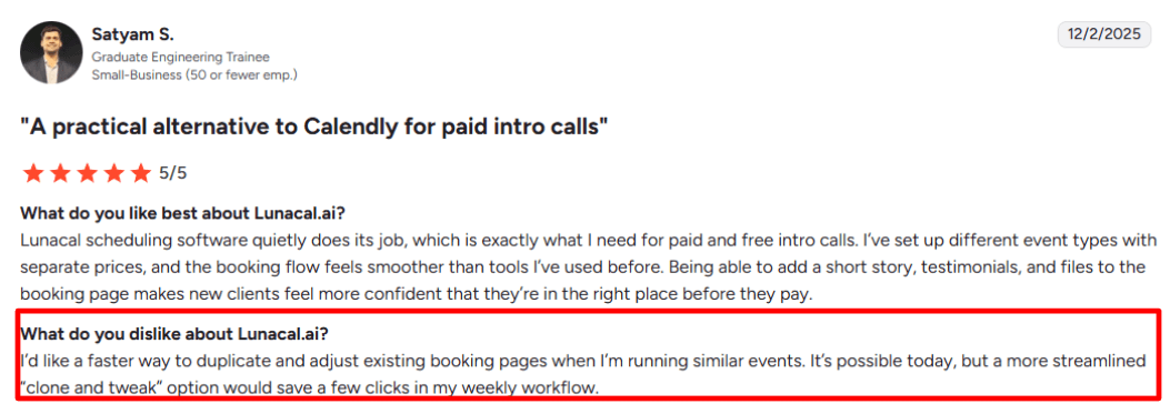 Lunacal duplicate page feedback