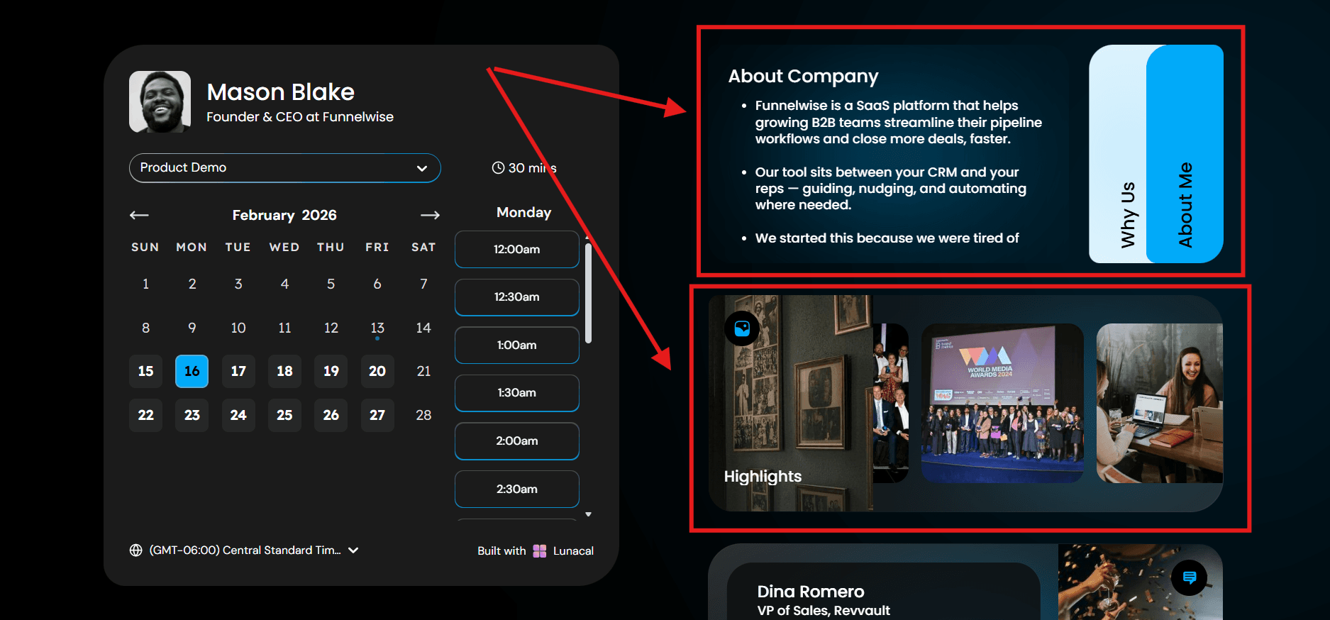 Lunacal’s unique booking page drives high conversions and visitor satisfaction