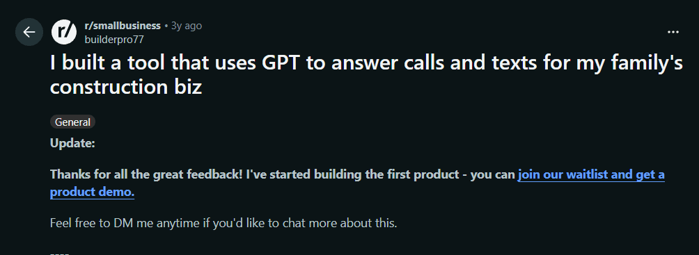 Screenshot of a Reddit thread discussing how a small business owner built a tool using GPT to answer calls and collect job details for follow-up