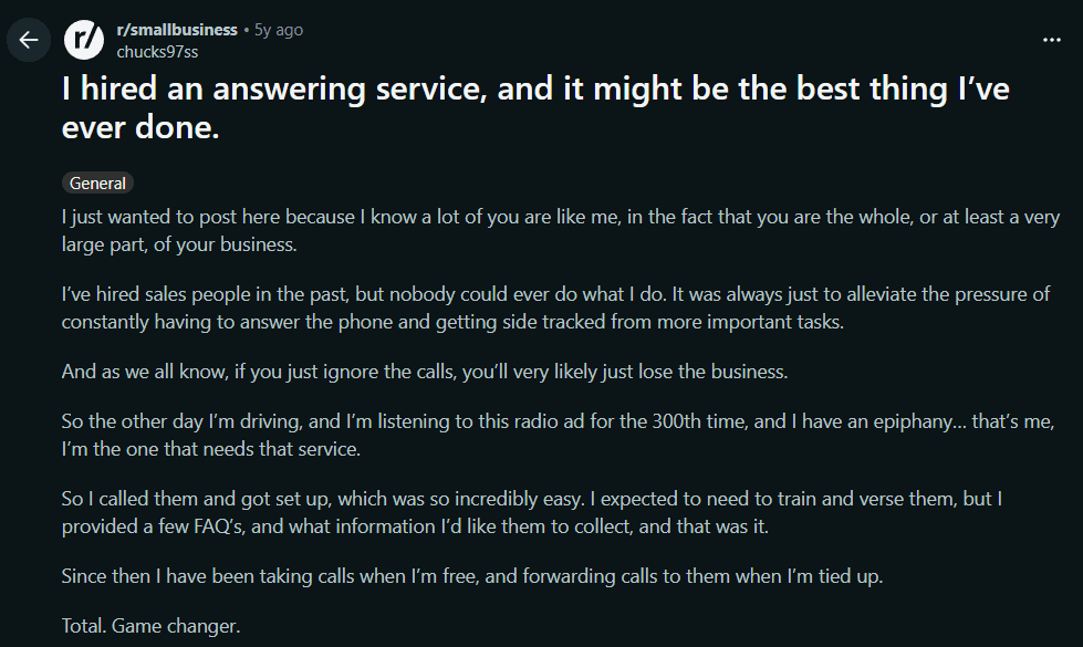 Screenshot of a Reddit thread where a small business owner shares their experience with hiring an answering service and the importance of clear instructions
