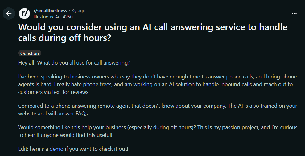 Screenshot of a Reddit thread where small business owners discuss the benefits of AI call answering for after-hours and overflow coverage