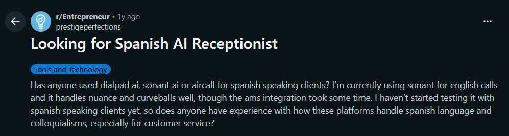 Screenshot of a Reddit thread where a business owner discusses the importance of testing AI receptionist setups with real customer scenarios