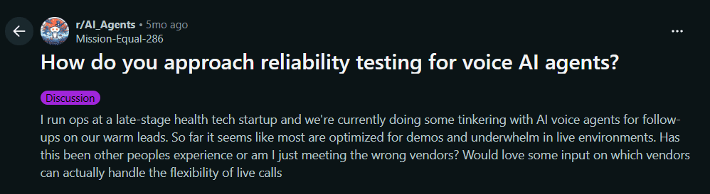 Screenshot of a Reddit thread discussing reliability testing approaches for voice AI agents in real-world business conditions