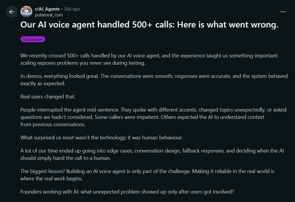 Screenshot of a Reddit thread where a developer shares unexpected issues and lessons learned after an AI voice agent handled 500 real customer calls