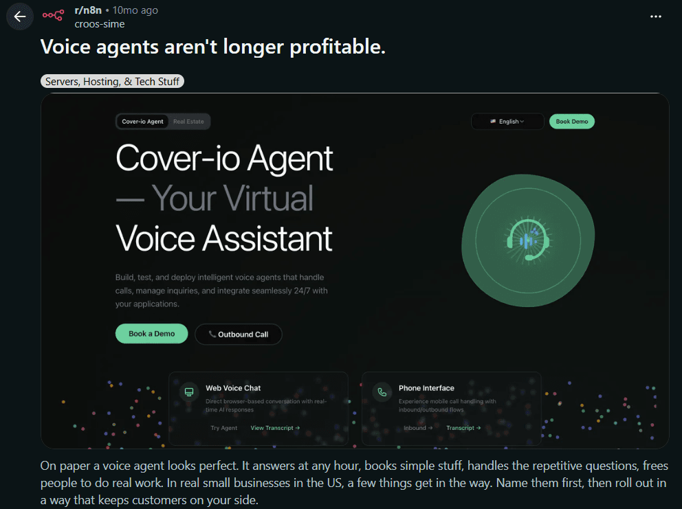 Screenshot of a Reddit thread discussing practical metrics for voice agents including transfer rates, call abandonment, and overall profitability