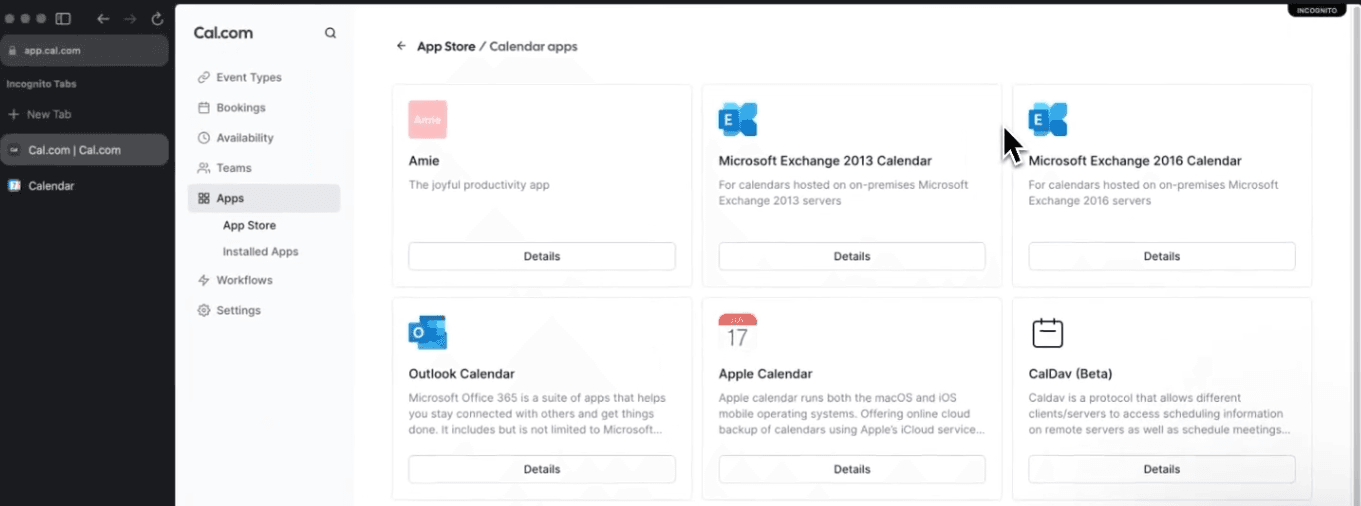 calendar apps that are supported by cal.com
