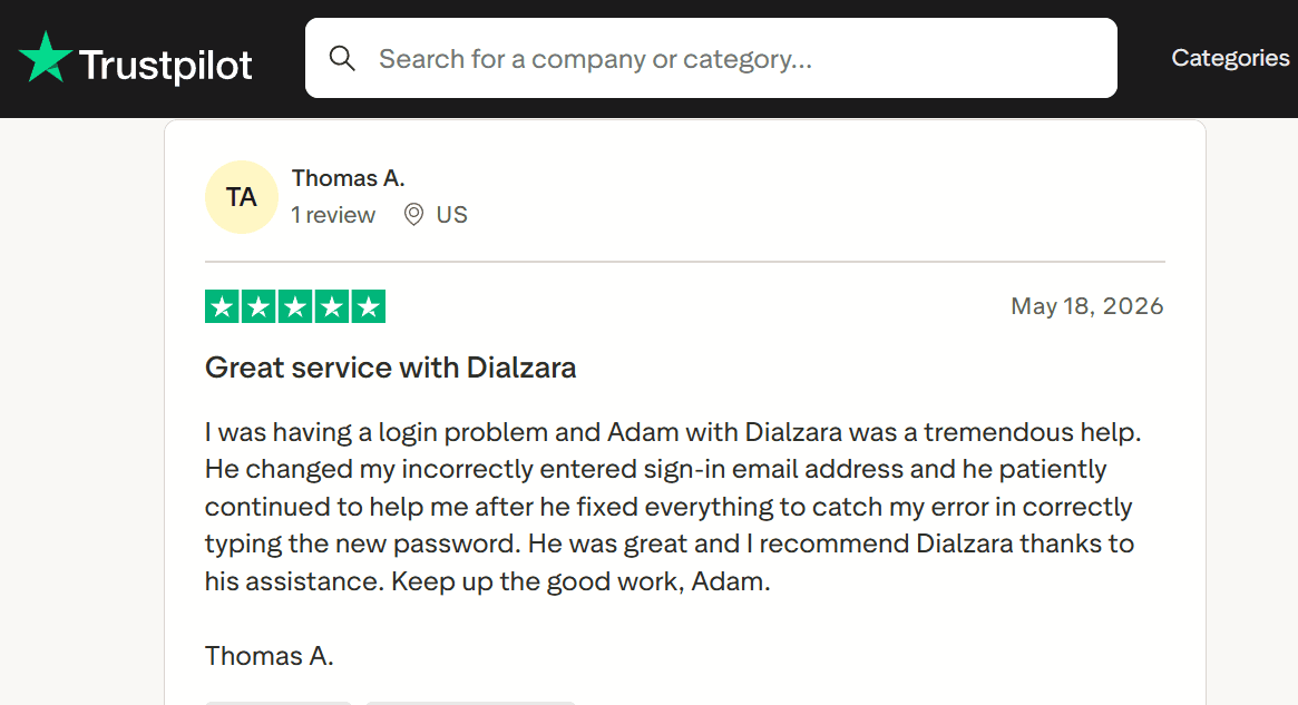 Dialzara Trustpilot review praising product functionality and customer support; AI Receptionists with Google Calendar Integration