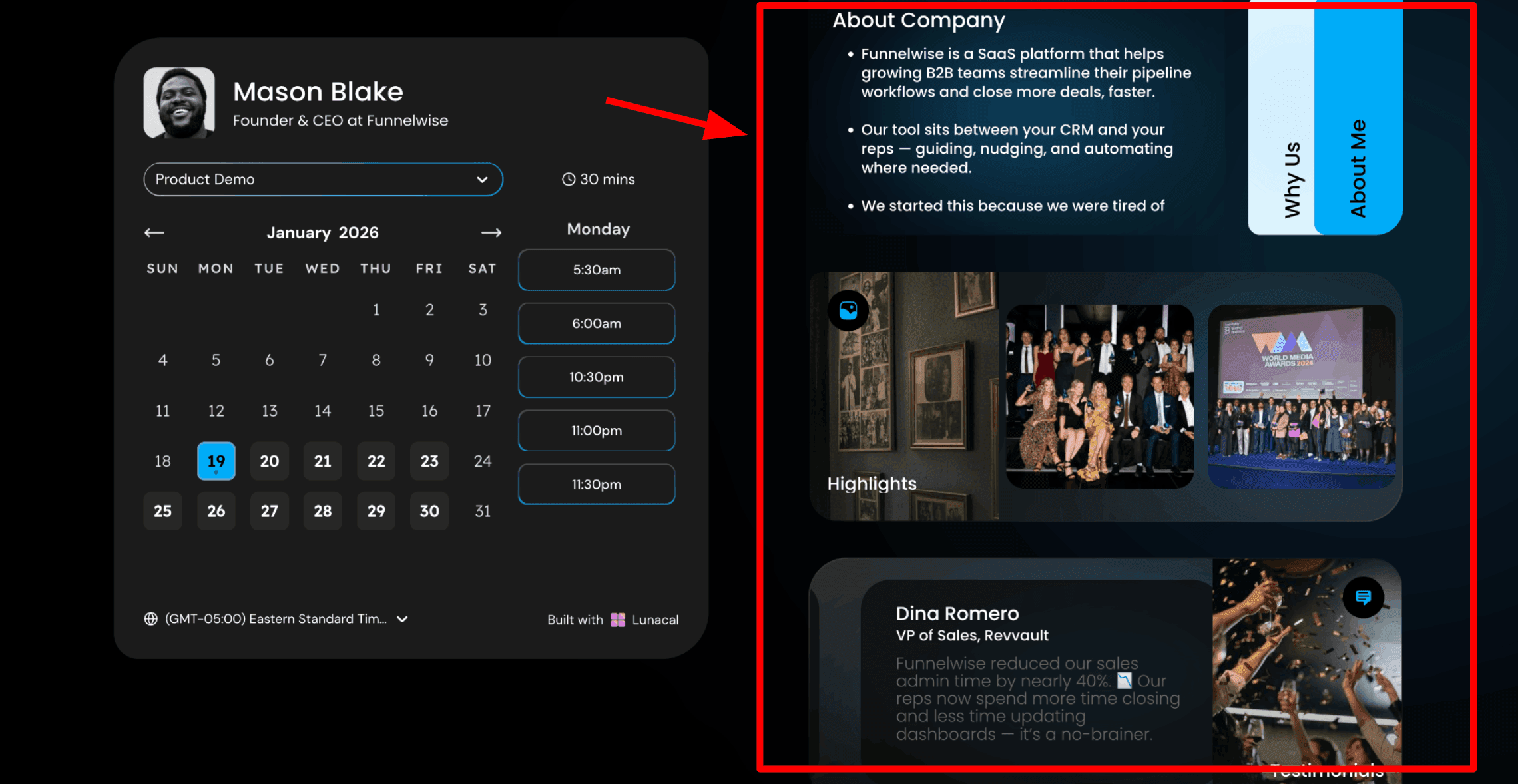 Lunacal booking page widgets
