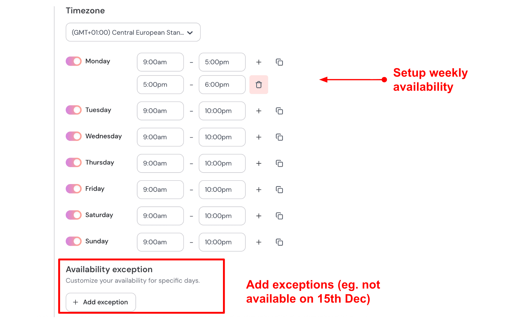 Page for setting up availability timings