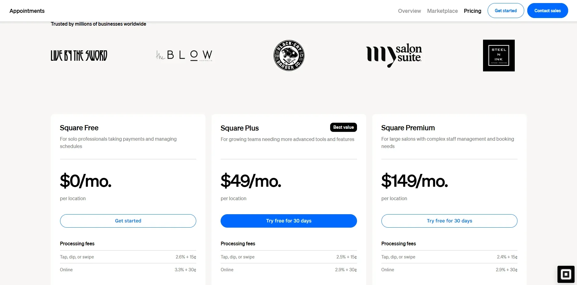 Square Appointments pricing tiers