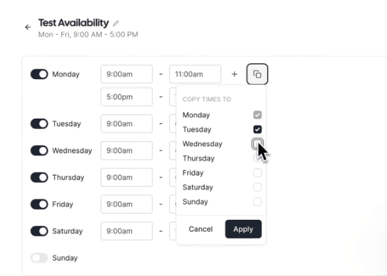 Workflow setting showing how easy it is to copy availability across dates on Cal.com
