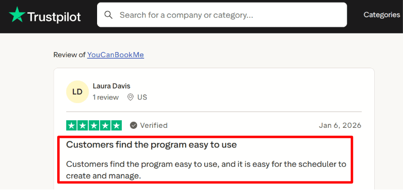 Trustpilot praise for YouCanBookMe setup