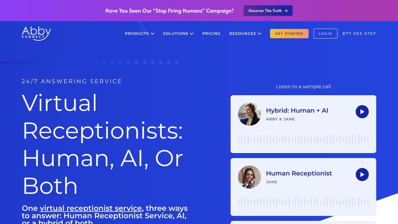 Abby Connect homepage shows the service being considered as a AI Frontdesk replacement.