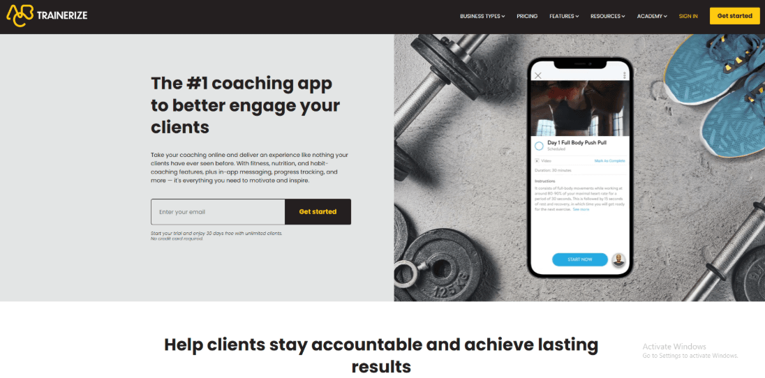 Trainerize coaching app homepage headline