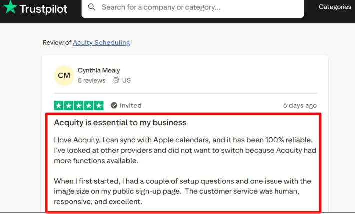 Acuity iCloud sync Trustpilot feedback