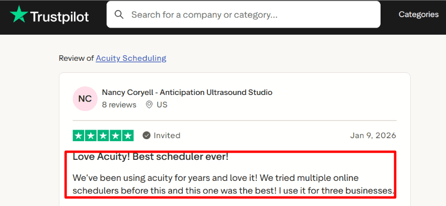 Trustpilot note on Acuity usage
