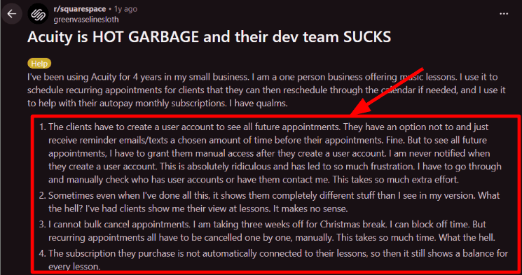 Acuity client portal Reddit complaint