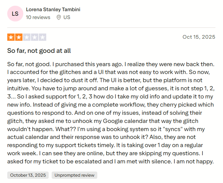 Trustpilot review screenshot about Book Like A Boss sync and blocked-time issues
