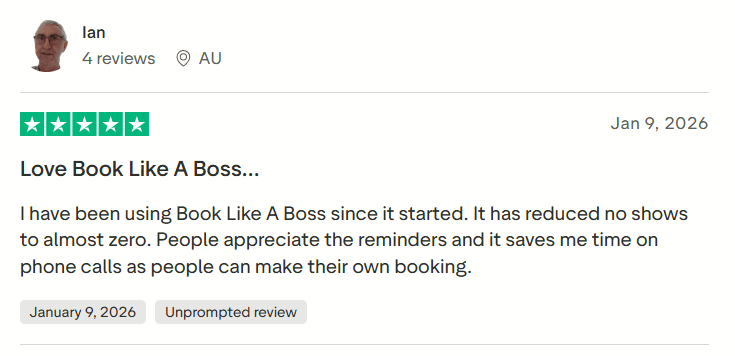 Trustpilot review screenshot praising Book Like A Boss reminder functionality