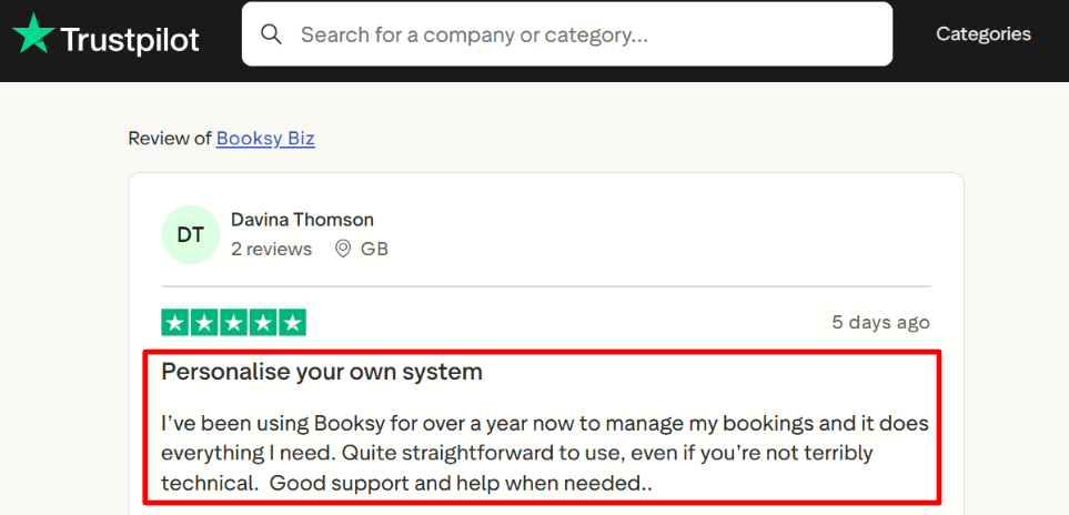 Trustpilot review of Booksy setup