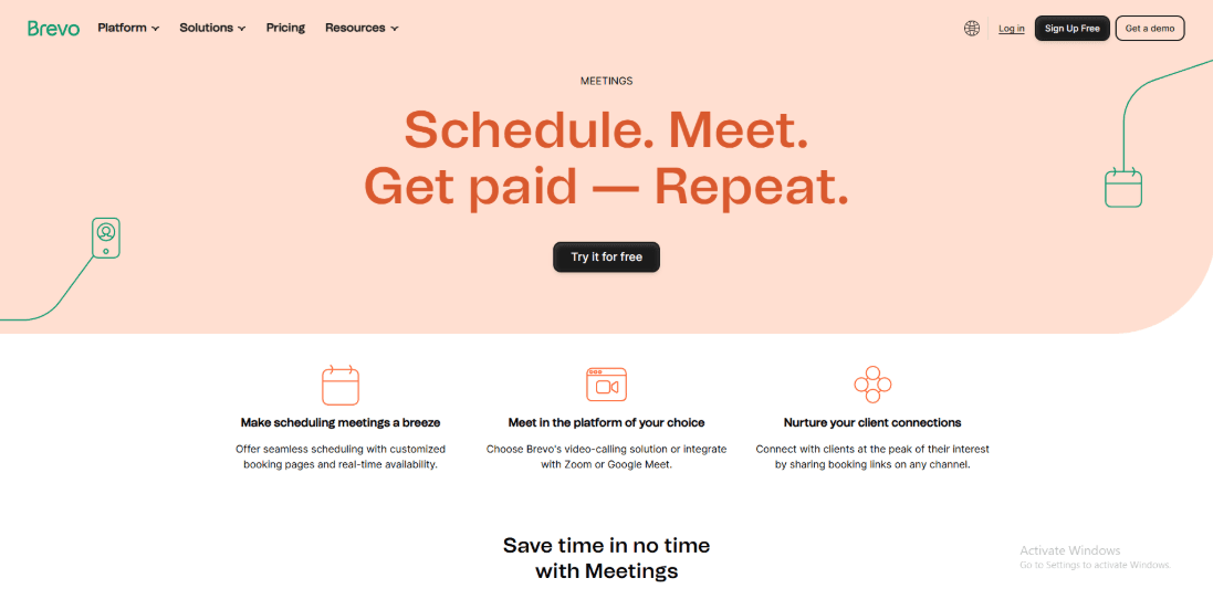 Brevo Meetings free scheduling homepage