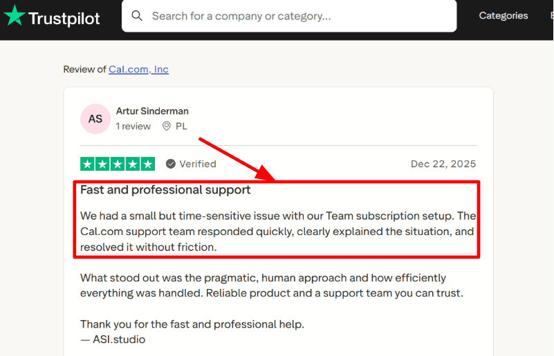 Cal.com Trustpilot support screenshot