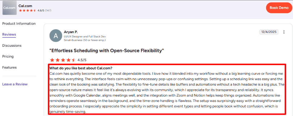 Cal.com workflows review on G2