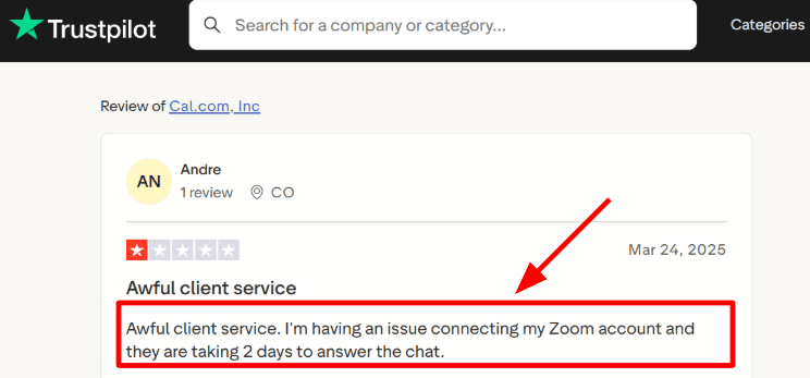 Cal.com Zoom issue Trustpilot
