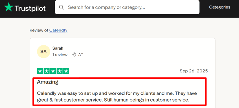 Calendly Trustpilot setup praise screenshot