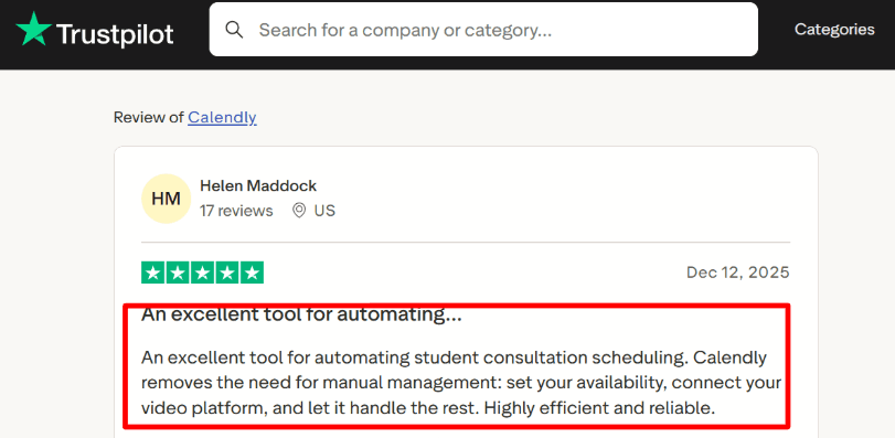 Calendly Trustpilot review screenshot