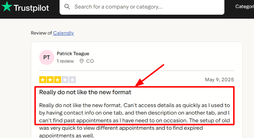 Trustpilot complaint on Calendly redesign