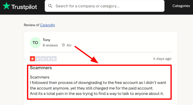 Calendly Trustpilot billing complaint screenshot