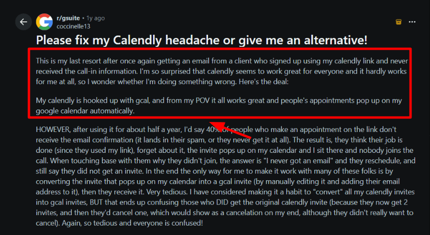 Calendly email deliverability Reddit screenshot