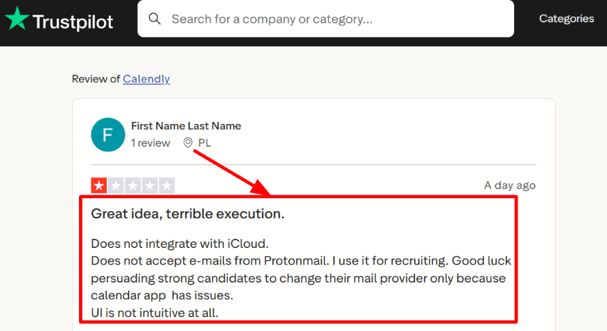 Calendly invite issues Trustpilot screenshot