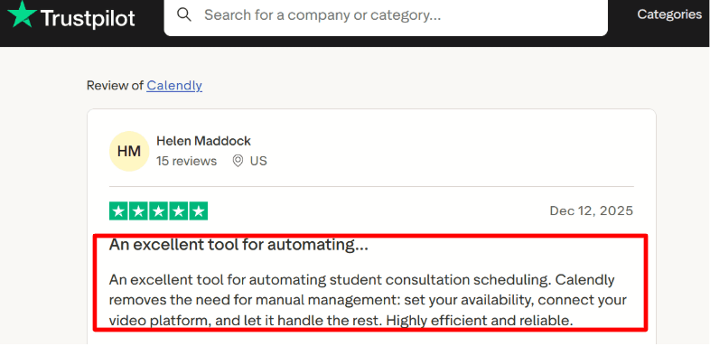 Calendly consult use-case Trustpilot quote