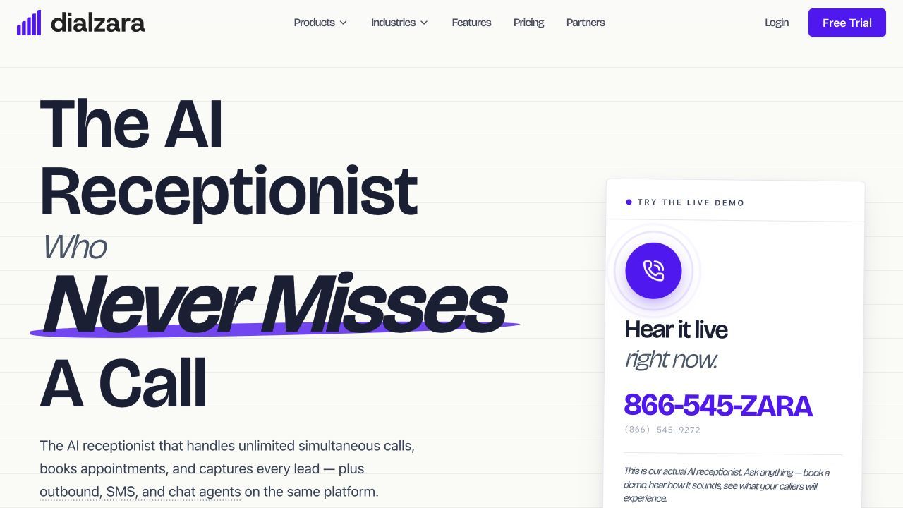 Dialzara product page for businesses comparing AI receptionists with Google Calendar integration
