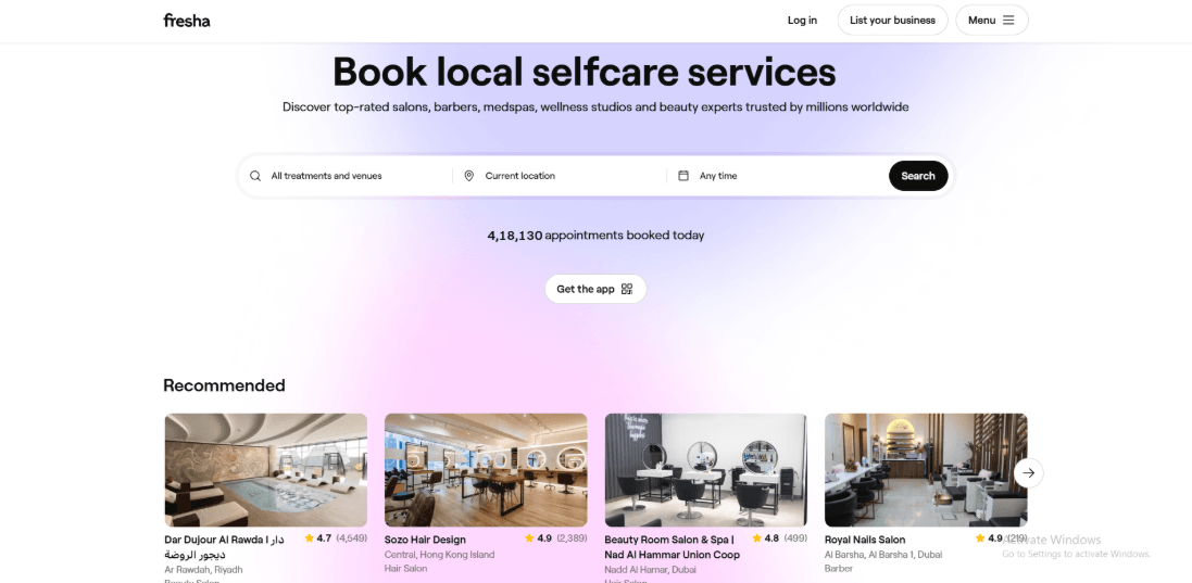 Fresha homepage booking self-care services