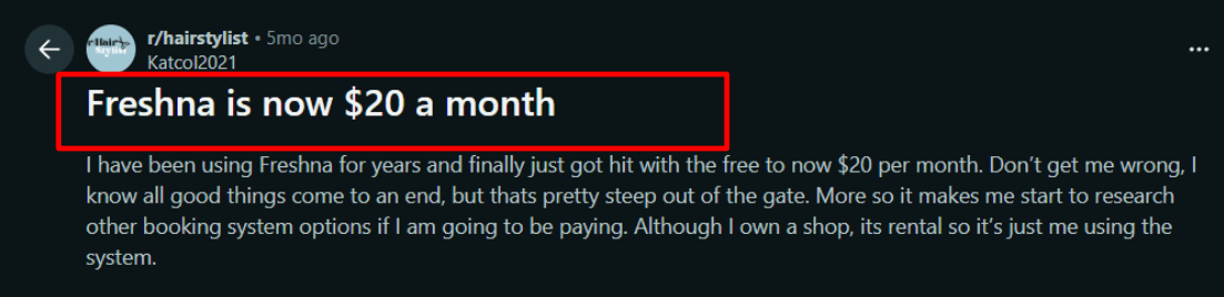 Fresha Reddit pricing change post